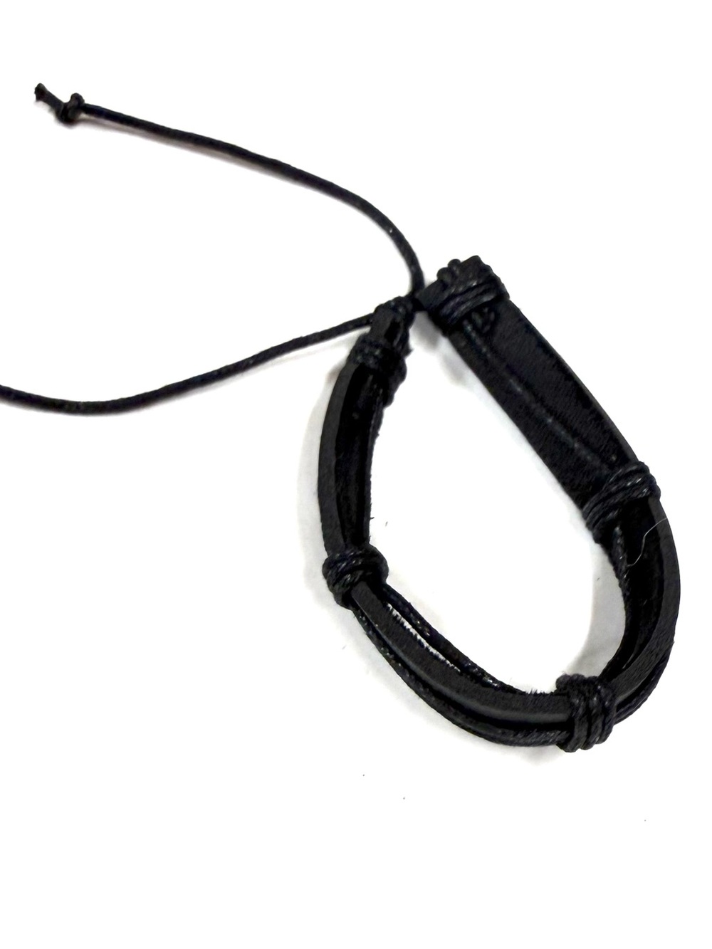 Black leather unisex bracelet with braided rope accents and ties nsb